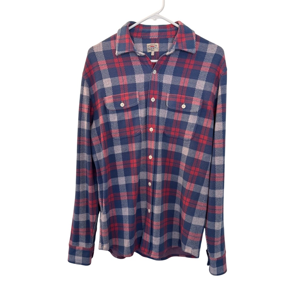 Faherty Stretch Knit Flannel Shirt Mens Small Blue Red Plaid Soft‎ Button Down